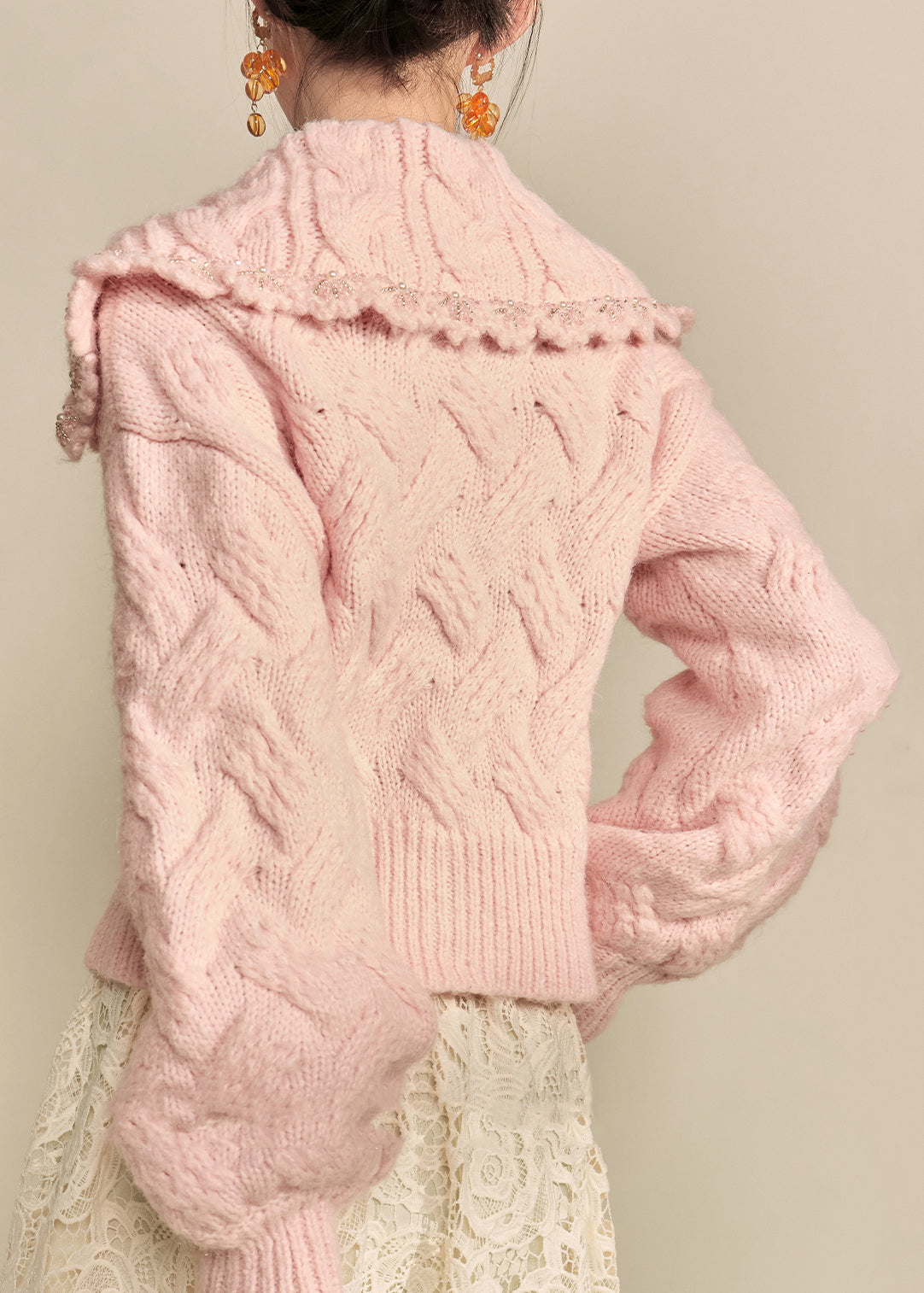 Lässige rosa Strickjacke mit Peter-Pan-Kragen, Blumenmuster und Laternenärmeln aus Baumwollstrick