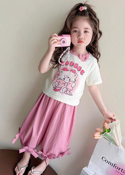 Casual Pink Print Bow Cotton Kids Girls Two Pieces Set Summer