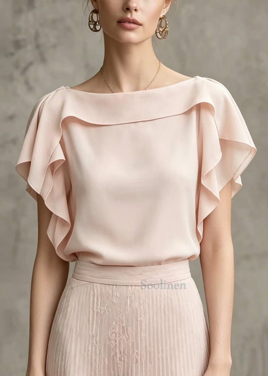 Casual Pink Ruffled Cotton Shirt Tops Summer
