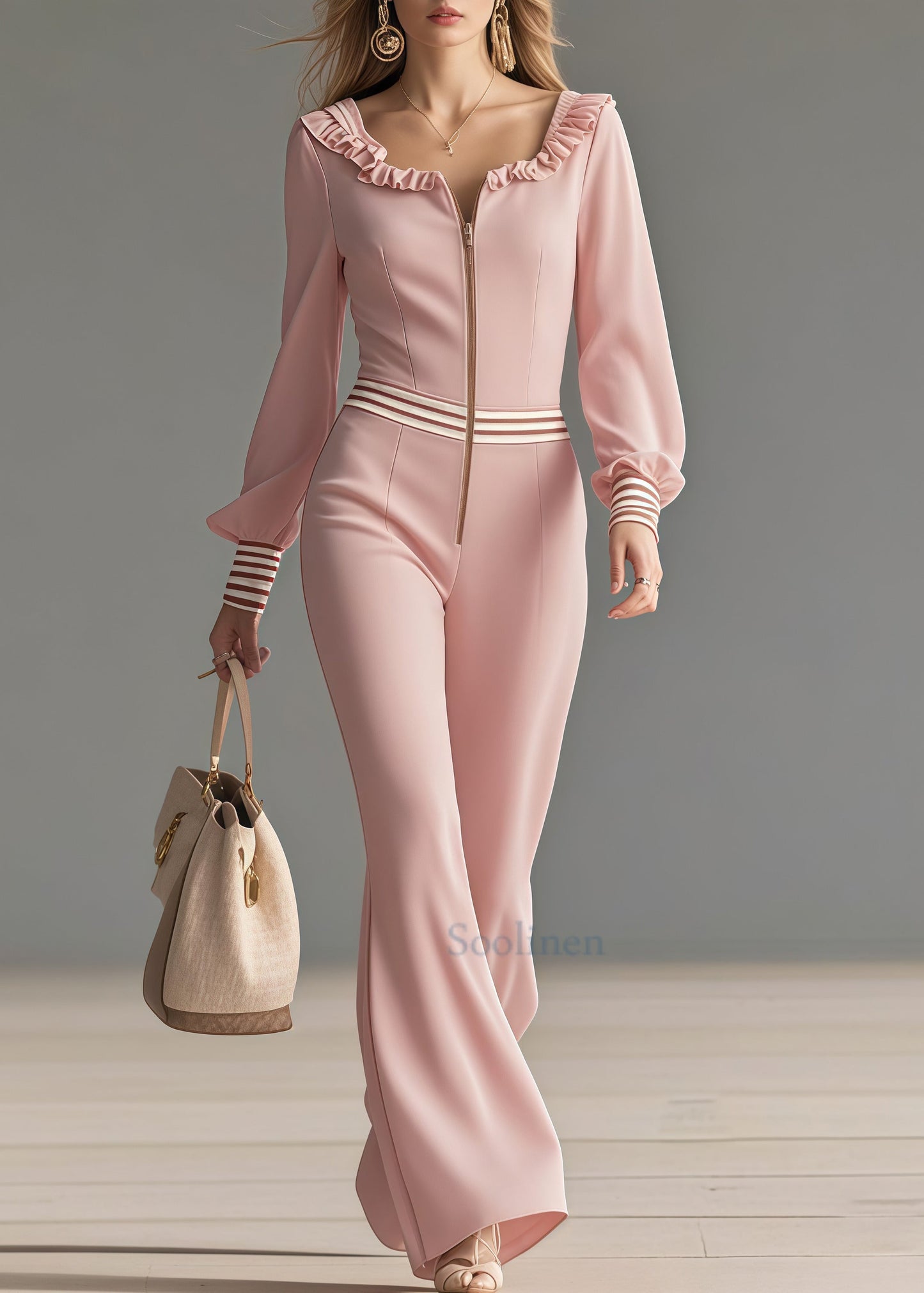 Casual Pink Ruffled Patchwork Draping Chiffon Jumpsuit Spring