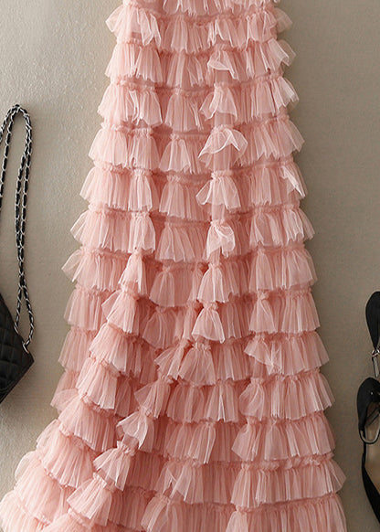 Casual Pink Ruffled Patchwork Tulle Skirt Spring