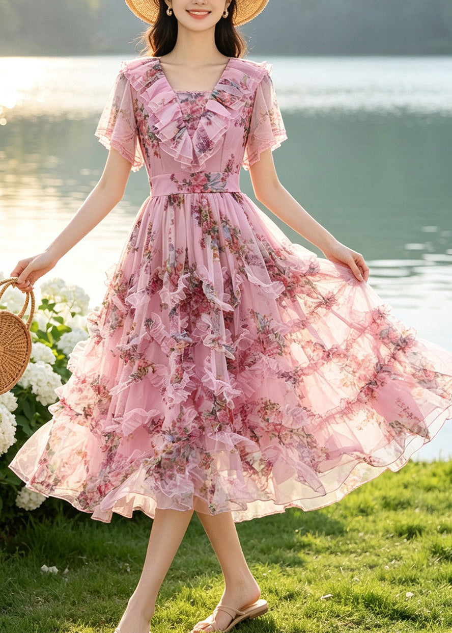 Casual Pink Ruffled Print Chiffon Maxi Dresses Summer