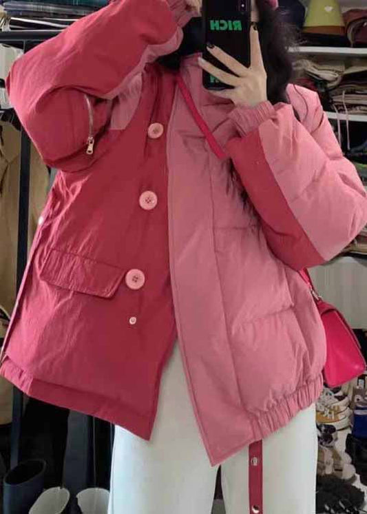 Casual Pink Stand Collar Pockets Fine Cotton Filled Jacket Winter