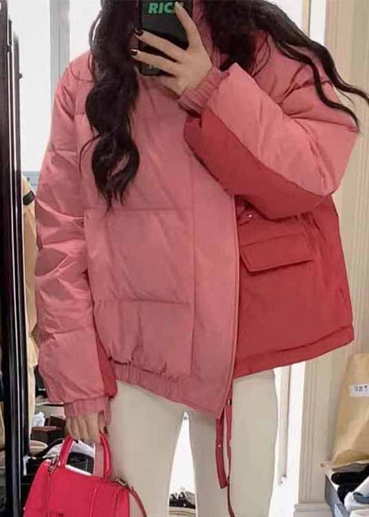 Casual Pink Stand Collar Pockets Fine Cotton Filled Jacket Winter