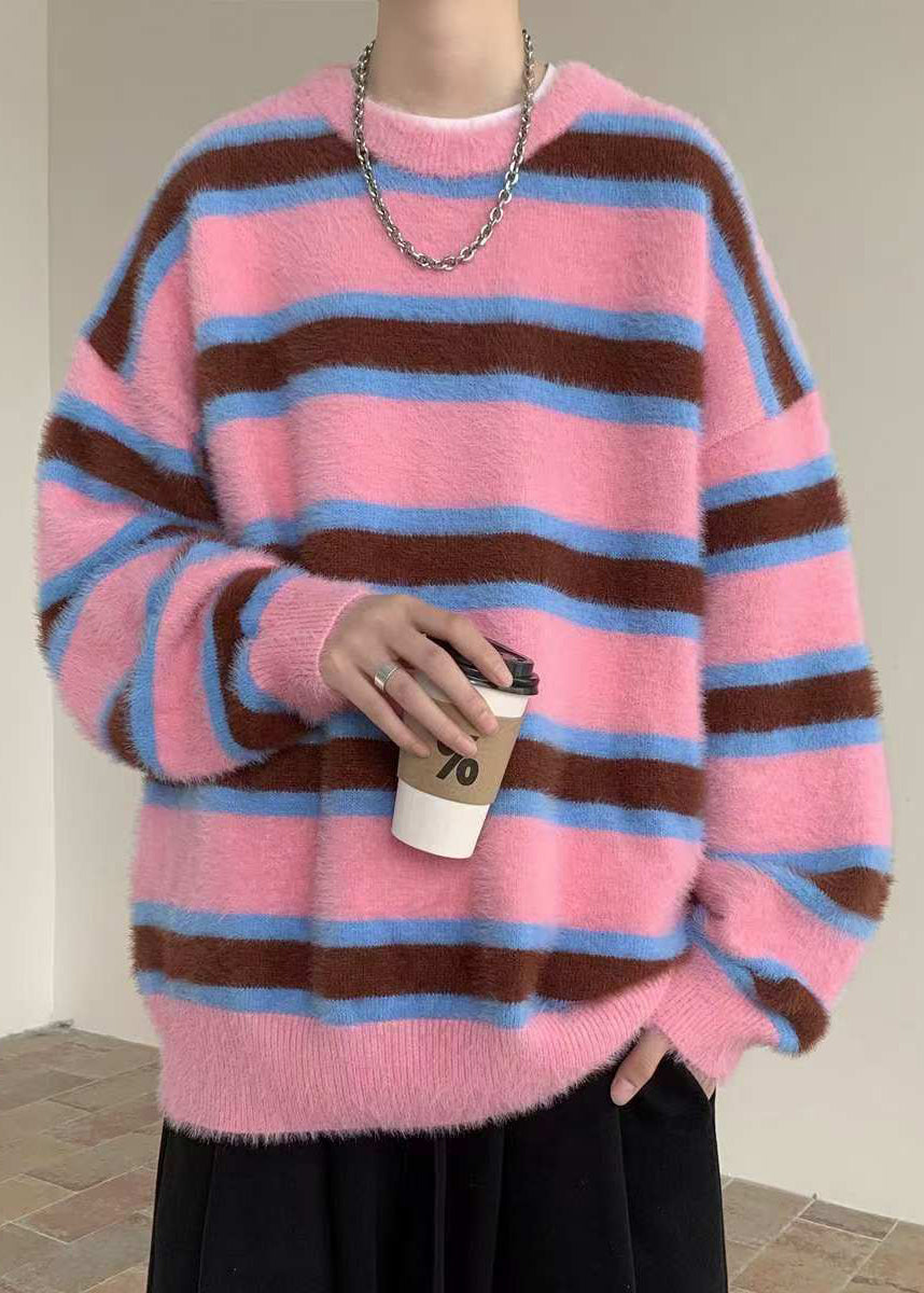 Casual Pink Striped Cozy Ma Hai Mao Mens Sweaters Winter