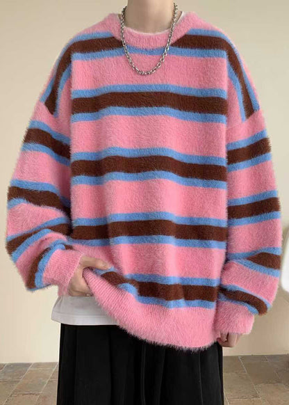 Casual Pink Striped Cozy Ma Hai Mao Mens Sweaters Winter