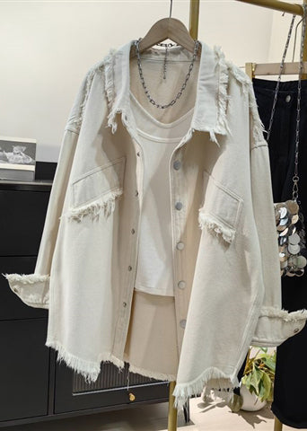 Lässiger, rosafarbener Oversize-Jeanshemdmantel mit Quasten für den Frühling