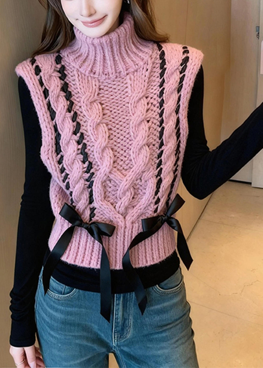 Casual Pink Turtle Neck Bow Warm Knit Vest Winter