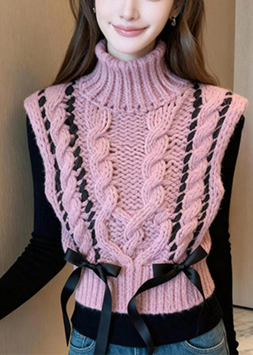 Casual Pink Turtle Neck Bow Warm Knit Vest Winter