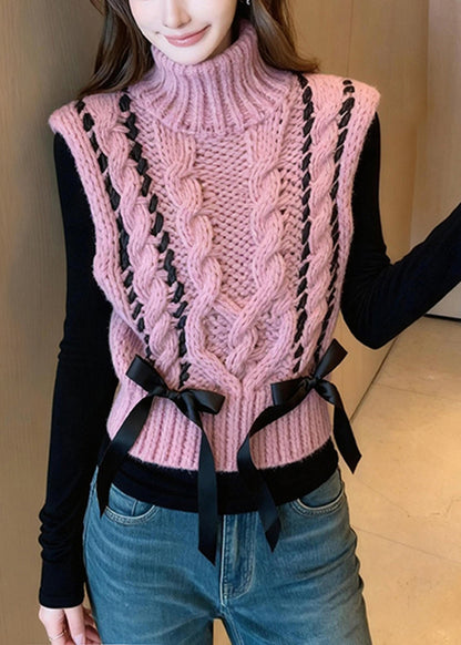 Casual Pink Turtle Neck Bow Warm Knit Vest Winter