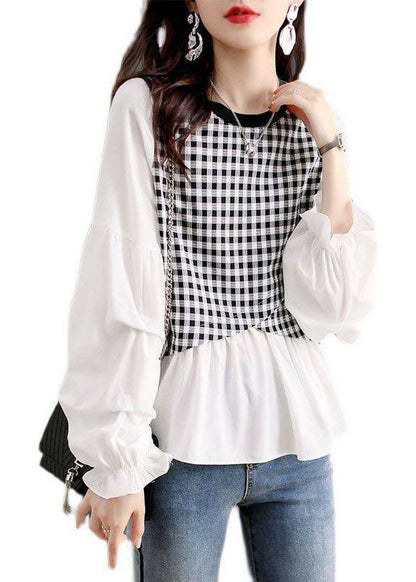 Lässiges kariertes Patchwork-Top mit Laternenärmeln