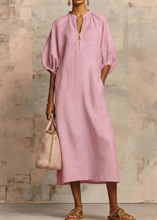 Casual Plus Size Pink Zip Up Puff Sleeve Cotton Dresses