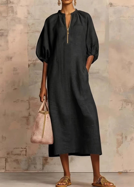 Casual Plus Size Pink Zip Up Puff Sleeve Cotton Dresses