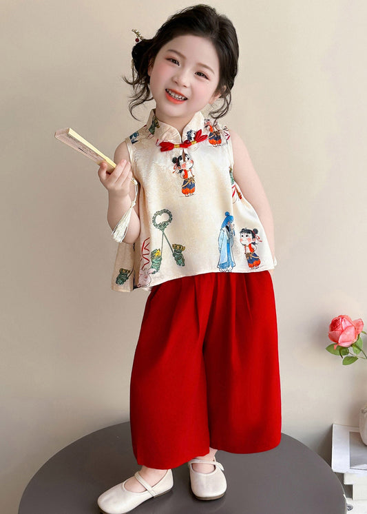 Casual Print Button Girls Vest And Crop Pants Two Piece Set Summer