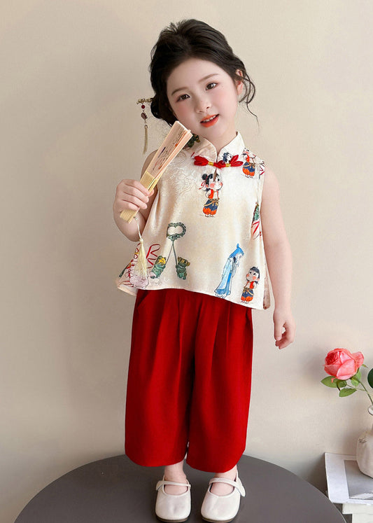 Casual Print Button Girls Vest And Crop Pants Two Piece Set Summer