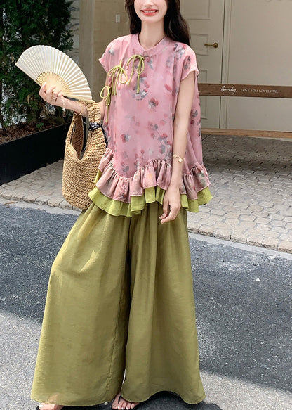 Casual Print Ruffled Patchwork Top And Wide Leg Pants Two-Piece Set Summer