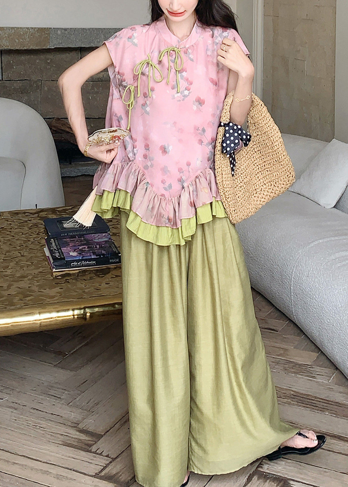 Casual Print Ruffled Patchwork Top And Wide Leg Pants Two-Piece Set Summer