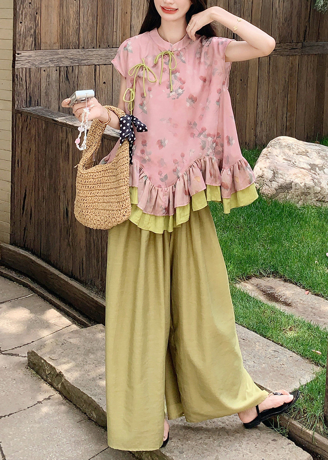 Casual Print Ruffled Patchwork Top And Wide Leg Pants Two-Piece Set Summer