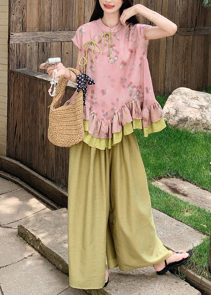 Casual Print Ruffled Patchwork Top And Wide Leg Pants Two-Piece Set Summer