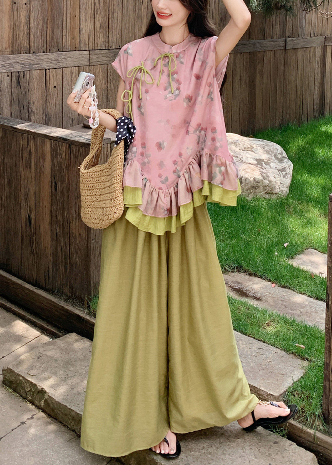 Casual Print Ruffled Patchwork Top And Wide Leg Pants Two-Piece Set Summer