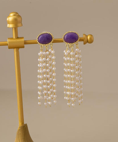 Lässige lila Ohrringe mit Perlen und Quasten aus Legierung und Harz