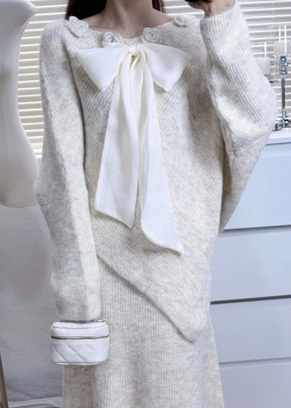 Casual Purple Asymmetrical Floral Bow Knit Sweaters Winter