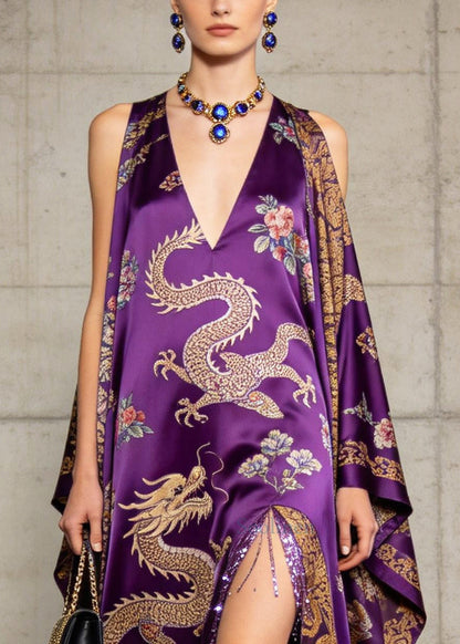 Casual Purple Cold Shoulder Side Open Fringe Trim Silk Dresses Summer