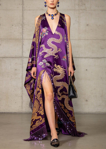 Casual Purple Cold Shoulder Side Open Fringe Trim Silk Dresses Summer