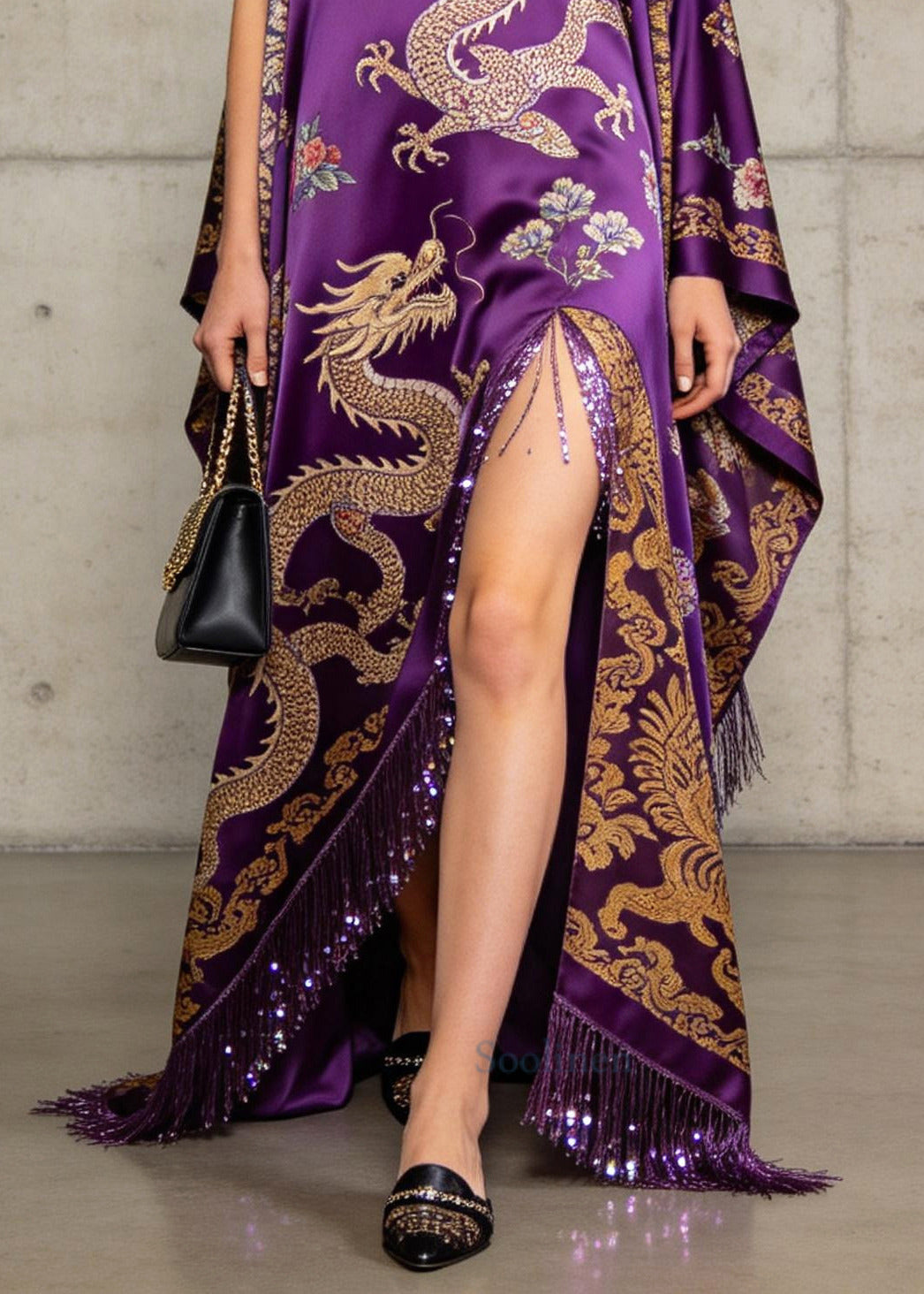 Casual Purple Cold Shoulder Side Open Fringe Trim Silk Dresses Summer