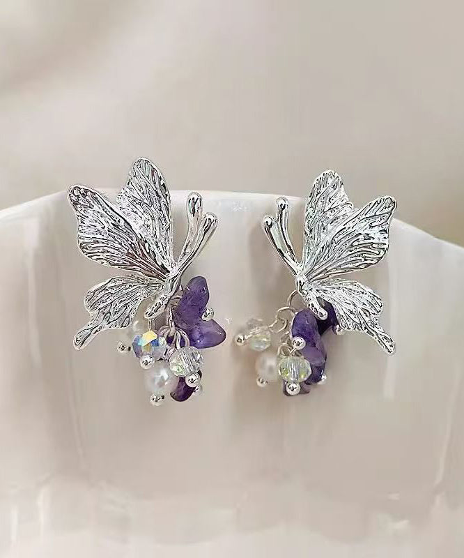 Casual Purple Copper Alloy Zircon Butterfly Pearl Stud Earrings