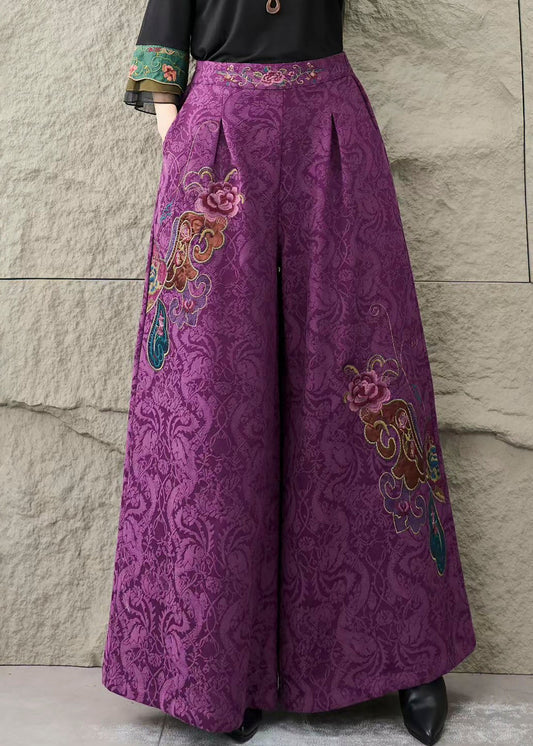 Casual Purple Embroidered Pockets Cotton Pants Trousers Fall