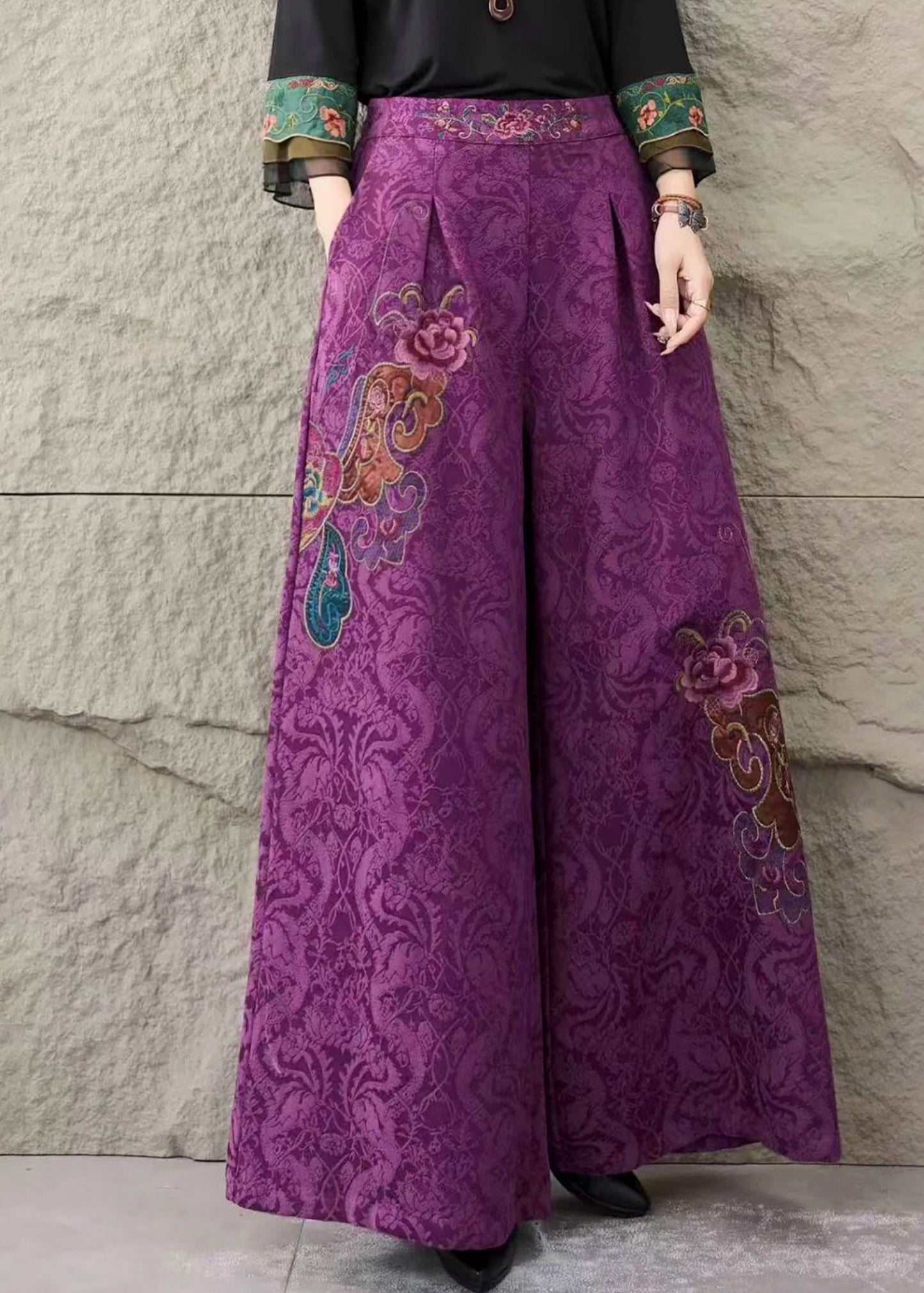 Casual Purple Embroidered Pockets Cotton Pants Trousers Fall