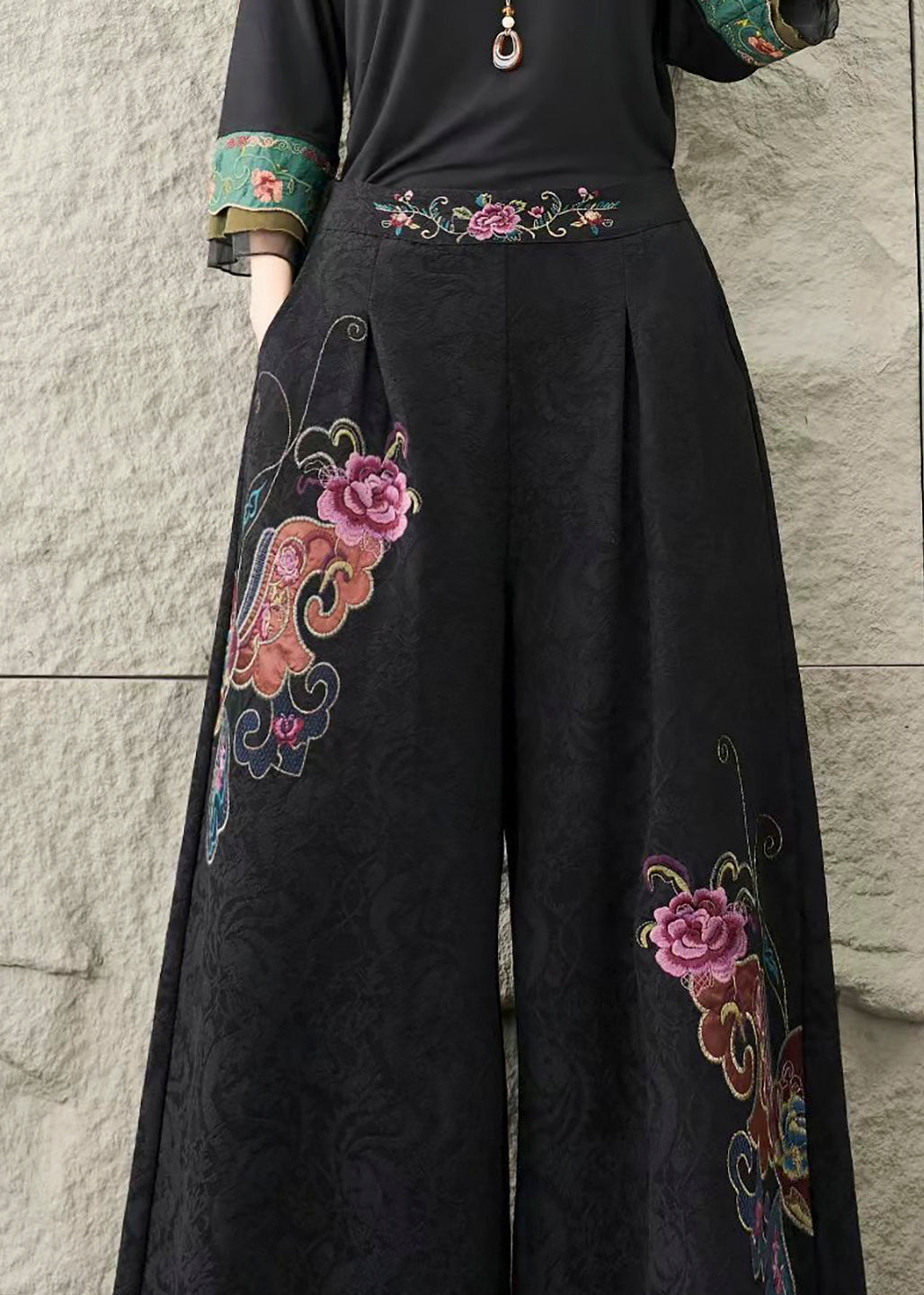 Casual Purple Embroidered Pockets Cotton Pants Trousers Fall