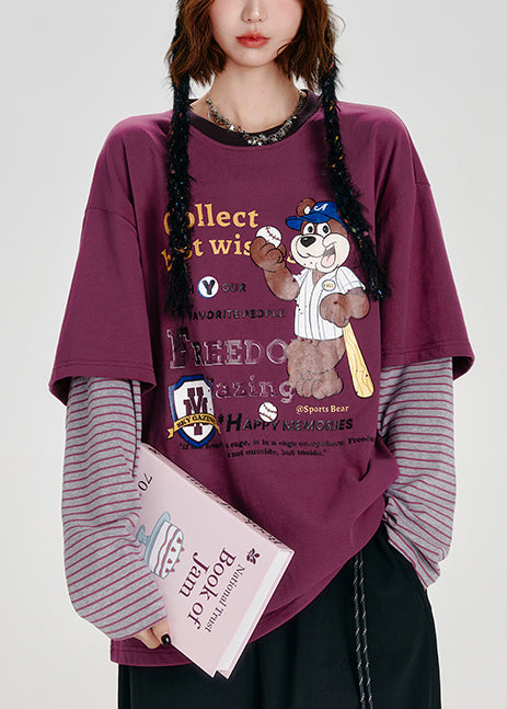 Lässiger lila Oversize-Pullover aus Baumwolle mit Patchwork-Muster, angedeutet zweiteilig, Frühling