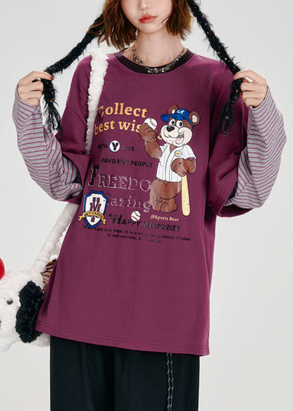 Lässiger lila Oversize-Pullover aus Baumwolle mit Patchwork-Muster, angedeutet zweiteilig, Frühling