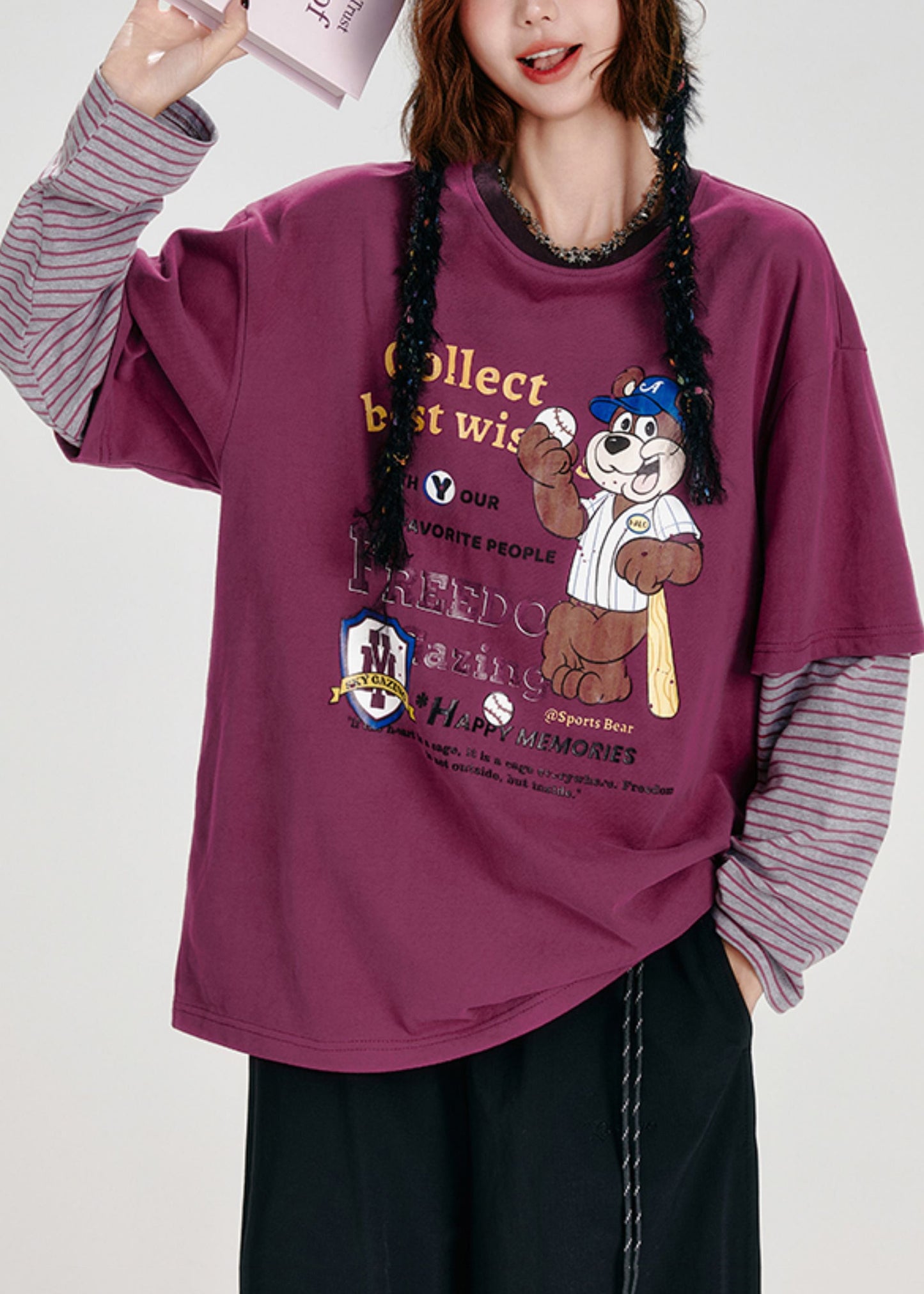 Lässiger lila Oversize-Pullover aus Baumwolle mit Patchwork-Muster, angedeutet zweiteilig, Frühling