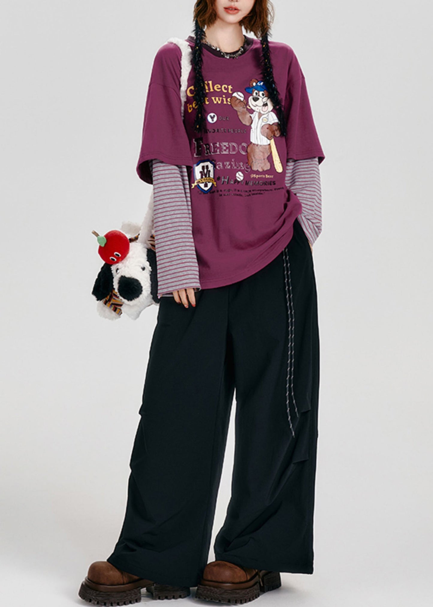 Lässiger lila Oversize-Pullover aus Baumwolle mit Patchwork-Muster, angedeutet zweiteilig, Frühling