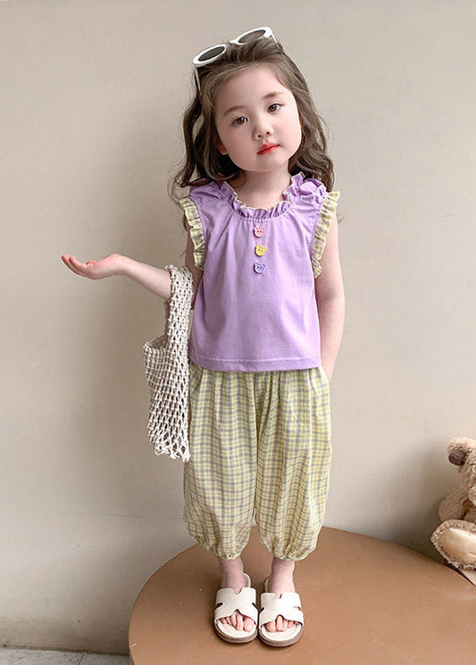 Casual Purple Patchwork Girls Top And Crop Pants Two Pieces Set Summer