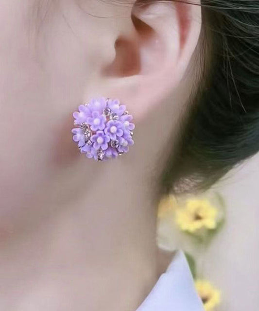 Pendientes casuales de resina con diseño floral de plata y morado