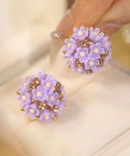 Pendientes casuales de resina con diseño floral de plata y morado