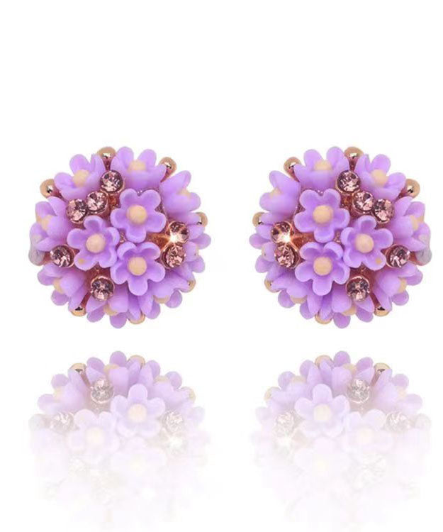 Pendientes casuales de resina con diseño floral de plata y morado