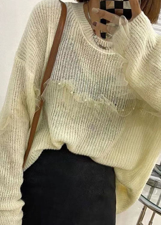 Lässiger lila Tüll-Patchwork-Nagelperlen-Herbst-Strickpullover