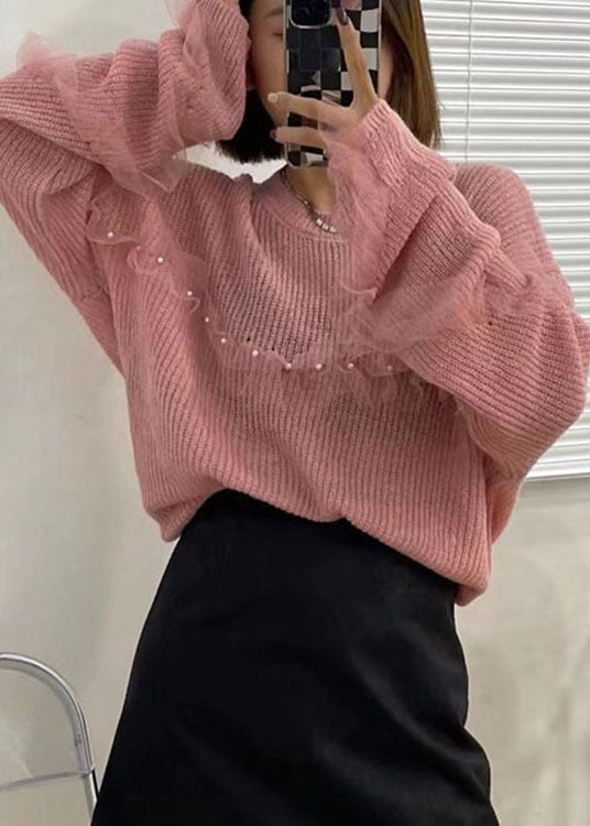 Lässiger lila Tüll-Patchwork-Nagelperlen-Herbst-Strickpullover