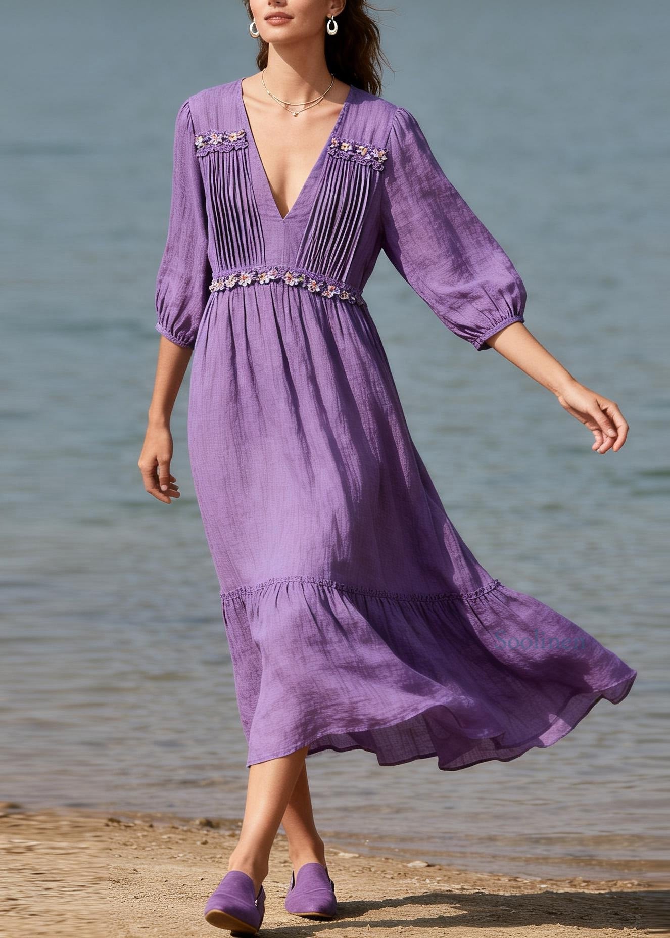 Casual Purple V Neck Wrinkled Floral Patchwork Cotton Dress Summer