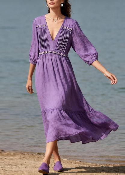 Casual Purple V Neck Wrinkled Floral Patchwork Cotton Dress Summer