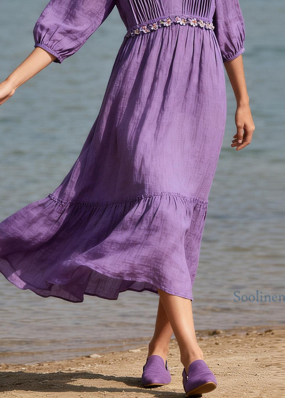 Casual Purple V Neck Wrinkled Floral Patchwork Cotton Dress Summer