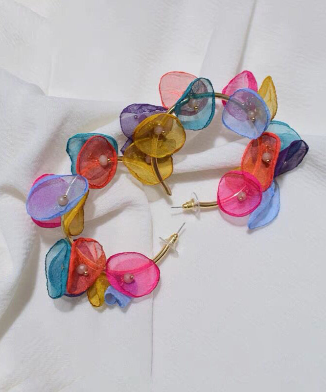 Casual Rainbow Copper Overgild Tulle Floral Hoop Earrings