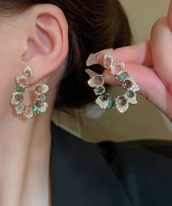 Pendientes de aro asimétricos en forma de U con cristales de circonita y cobre arcoíris