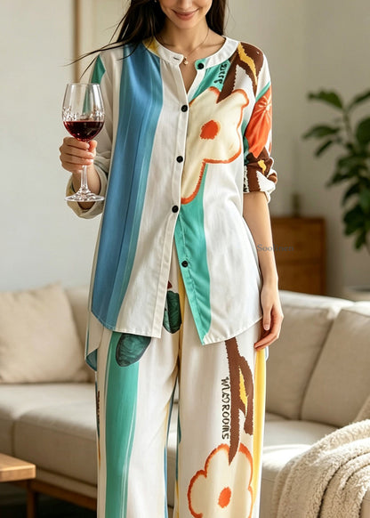 Casual Rainbow Print Button Pajamas Two Piece Set Long Sleeve