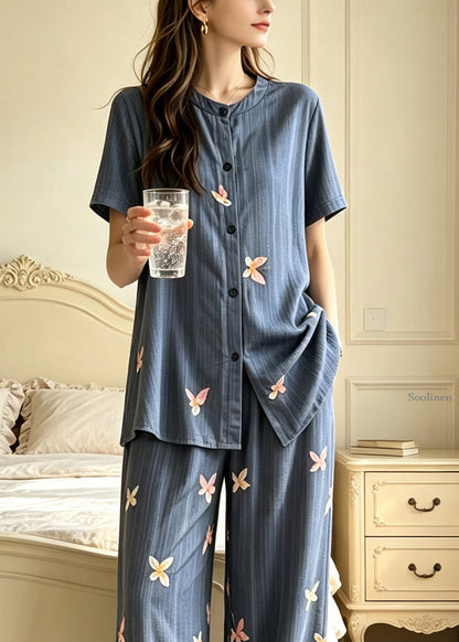 Casual Rainbow Print Button Pajamas Two Piece Set Long Sleeve